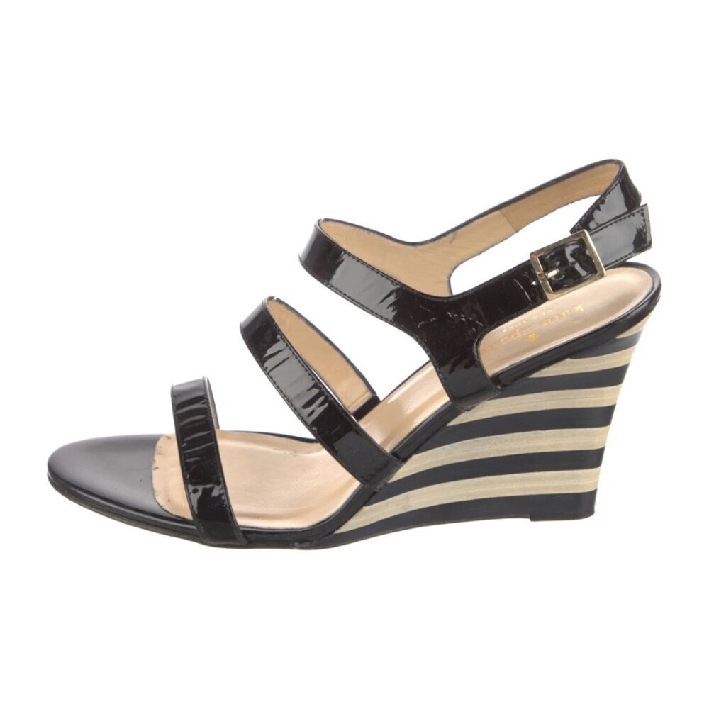 KATE SPADE Cindy Patent Leather Stripe Wedge Slingback Sandal Black‎